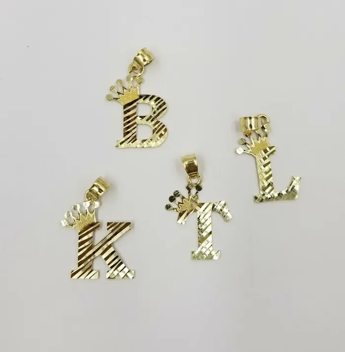 Gold and Diamond Charm Necklaces 10k Initial Yellow Gold Crown AZ Alphabet Charm Diamond Cut Pendent Men Women