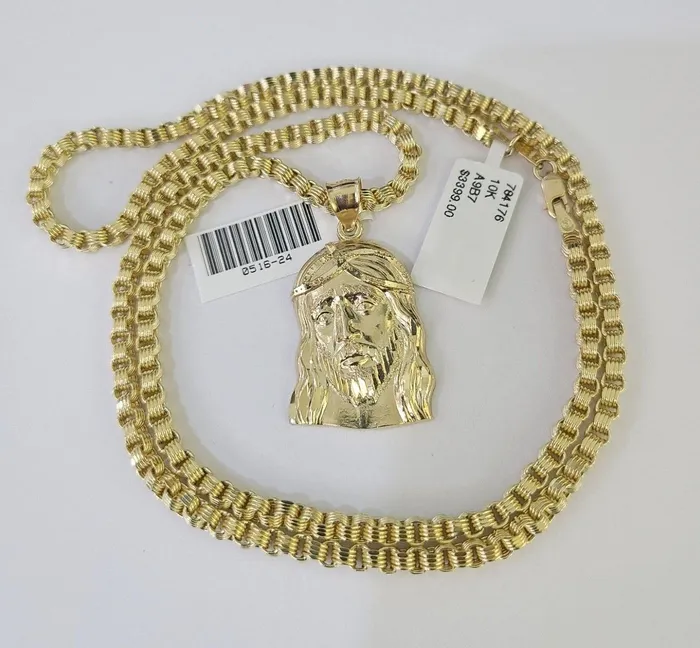Gold and Diamond Necklaces 10k Gold Byzantine Necklace Jesus Head Charm 1828 inch 3mm SET Chain Pendant