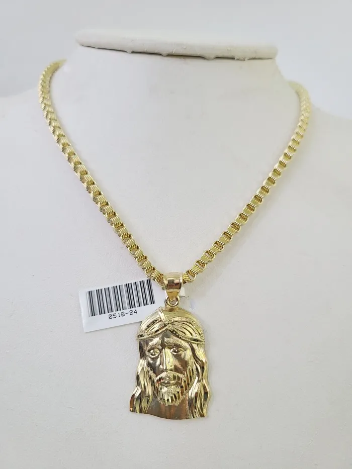Gold and Diamond Necklaces 10k Gold Byzantine Necklace Jesus Head Charm 1828 inch 3mm SET Chain Pendant