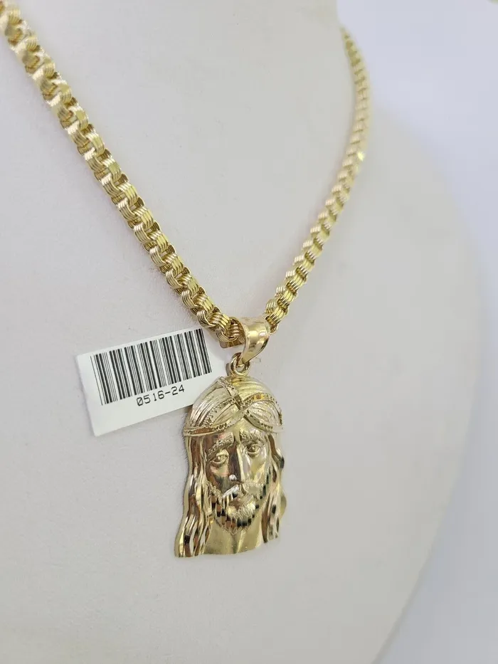 Gold and Diamond Necklaces 10k Gold Byzantine Necklace Jesus Head Charm 1828 inch 3mm SET Chain Pendant