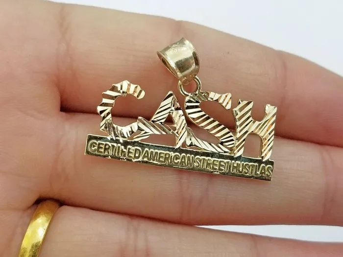 Gold and Diamond Necklaces 10k Yellow Gold Lucky Cash Mens Charm Pendant with Diamond Cut Design