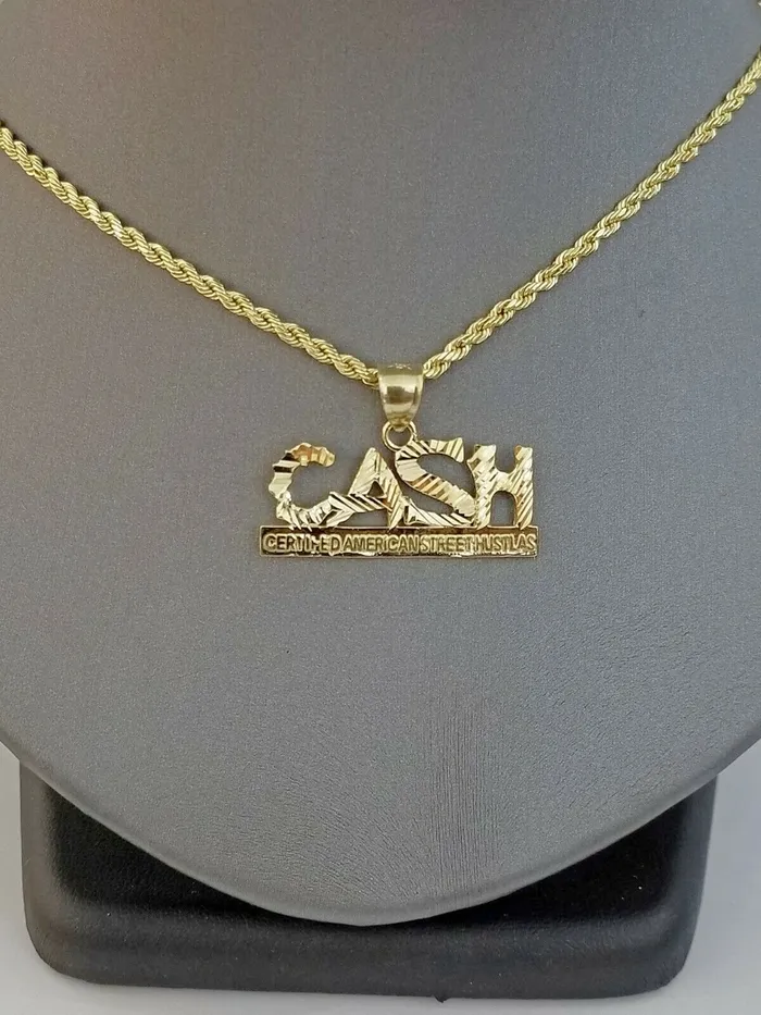 Gold and Diamond Necklaces 10k Yellow Gold Lucky Cash Mens Charm Pendant with Diamond Cut Design