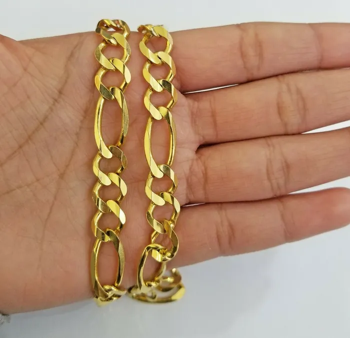 Gold and Diamond Necklaces Real Figaro Link Chain 14k solid yellow gold 24inch Necklace Men Women 10mm 14kt Gold and Diamond Necklaces Real Figaro Link Chain 14k solid yellow gold 24inch Necklace Men Women 10mm 14kt
