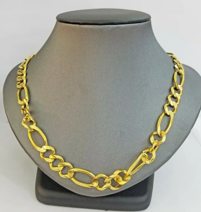 Gold and Diamond Necklaces Real Figaro Link Chain 14k solid yellow gold 24inch Necklace Men Women 10mm 14kt