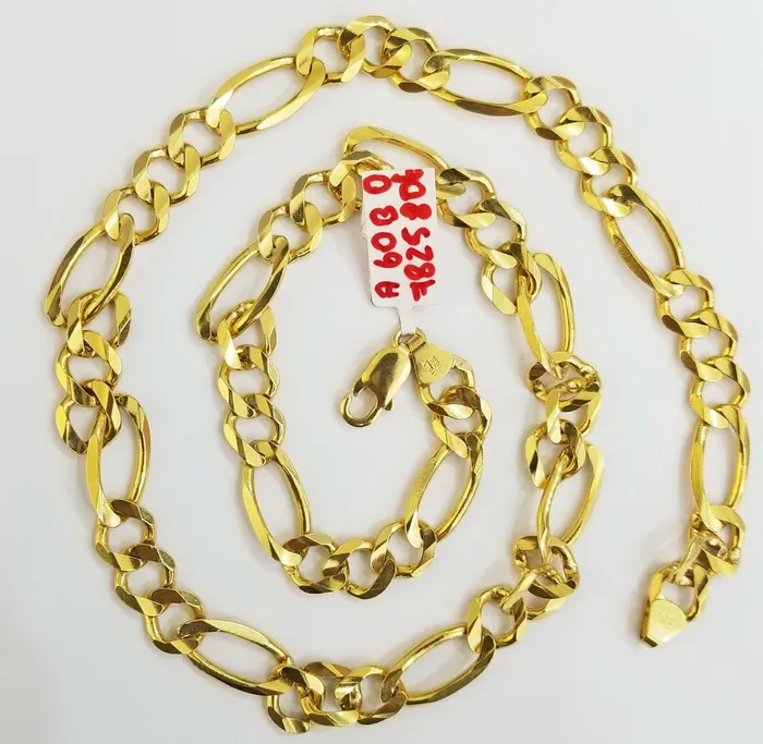 Gold and Diamond Necklaces Real Figaro Link Chain 14k solid yellow gold 24inch Necklace Men Women 10mm 14kt