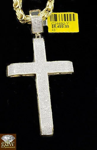 Gold and Diamond Real 10k Gold Rope Chain 28 6mm Genuine Diamond 152 CT Diamond Cross pendant Necklaces