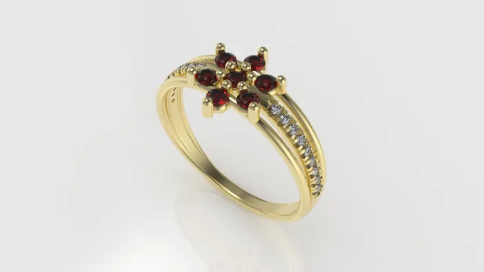 JCM DESIGN JEWELRY Rings 14K yellow gold band Ring with 7 RUBY and 18 DIAMONDS VS1 FLOWER STYLE Cut Split