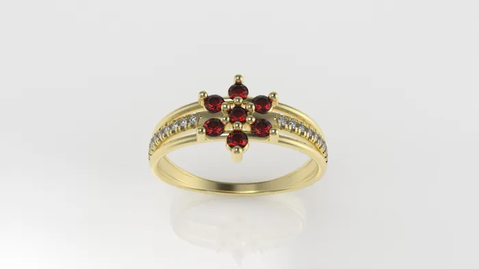 JCM DESIGN JEWELRY Rings 14K yellow gold band Ring with 7 RUBY and 18 DIAMONDS VS1 FLOWER STYLE Cut Split
