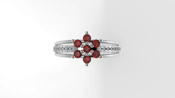JCM DESIGN JEWELRY Rings 14K yellow gold band Ring with 7 RUBY and 18 DIAMONDS VS1 FLOWER STYLE Cut Split