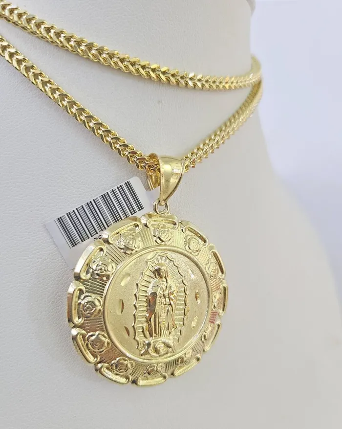 Necklaces 10K Franco Chain Jesus Mary Pendant Charm Necklace 2026 3mm Gold Yellow SET Gold and Diamond