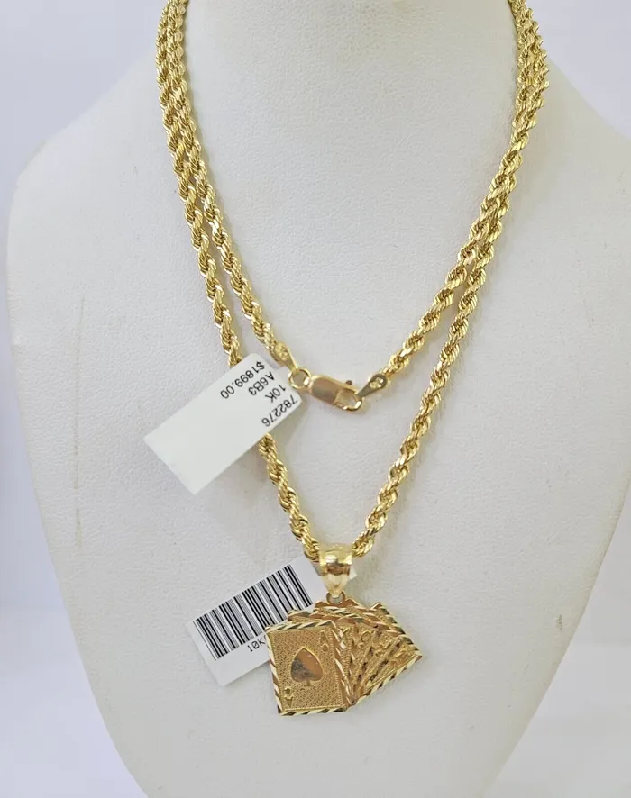 Necklaces 10k Gold Royal Flush Pendant Rope Chain 3mm 20 Necklace Set Real Yellow Gold and Diamond Necklaces 10k Gold Royal Flush Pendant Rope Chain 3mm 20 Necklace Set Real Yellow Gold and Diamond