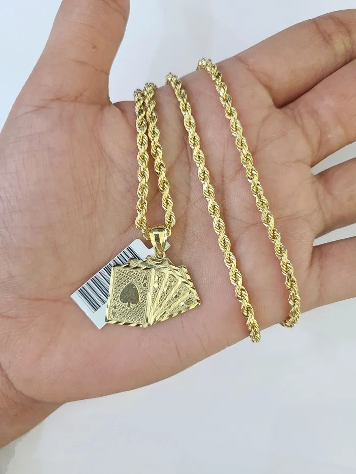 Necklaces 10k Gold Royal Flush Pendant Rope Chain 3mm 20 Necklace Set Real Yellow Gold and Diamond