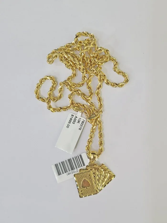 Necklaces 10k Gold Royal Flush Pendant Rope Chain 3mm 20 Necklace Set Real Yellow Gold and Diamond