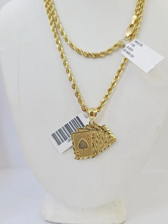 Necklaces 10k Gold Royal Flush Pendant Rope Chain 3mm 20 Necklace Set Real Yellow Gold and Diamond