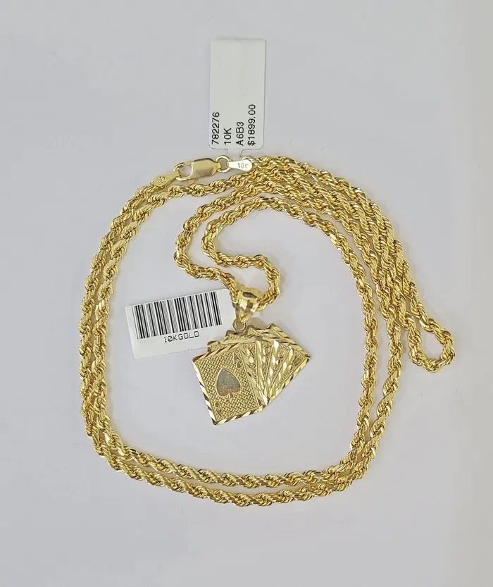 Necklaces 10k Gold Royal Flush Pendant Rope Chain 3mm 20 Necklace Set Real Yellow Gold and Diamond