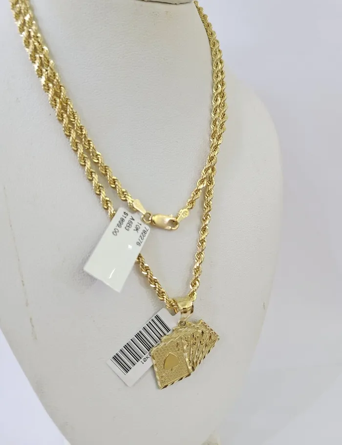 Necklaces 10k Gold Royal Flush Pendant Rope Chain 3mm 20 Necklace Set Real Yellow Gold and Diamond