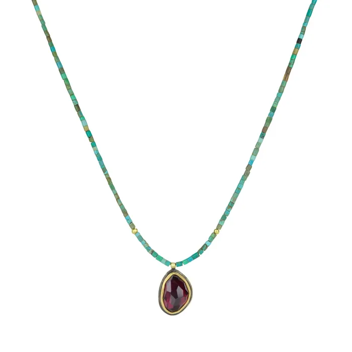 Necklaces Ananda Khalsa Heishi Turquoise Bead Necklace with Garnet Pendant