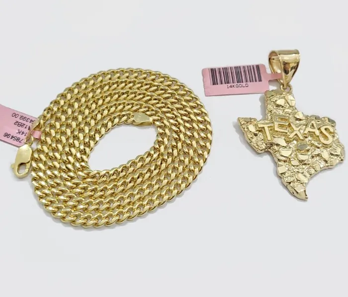 Necklaces Globalwatches10 14k Gold Cuban Link Chain 26 Necklace Texas Map Charm Pendant Real 14KT SET
