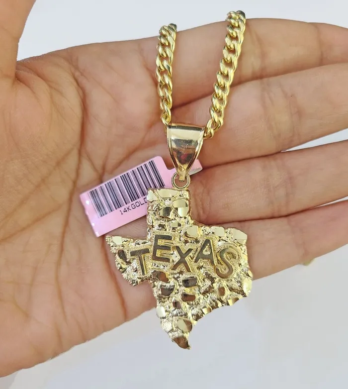 Necklaces Globalwatches10 14k Gold Cuban Link Chain 26 Necklace Texas Map Charm Pendant Real 14KT SET