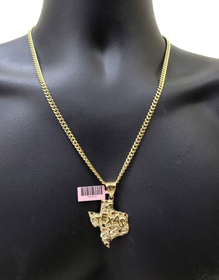 Necklaces Globalwatches10 14k Gold Cuban Link Chain 26 Necklace Texas Map Charm Pendant Real 14KT SET