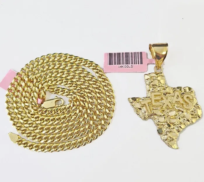 Necklaces Globalwatches10 14k Gold Cuban Link Chain 26 Necklace Texas Map Charm Pendant Real 14KT SET