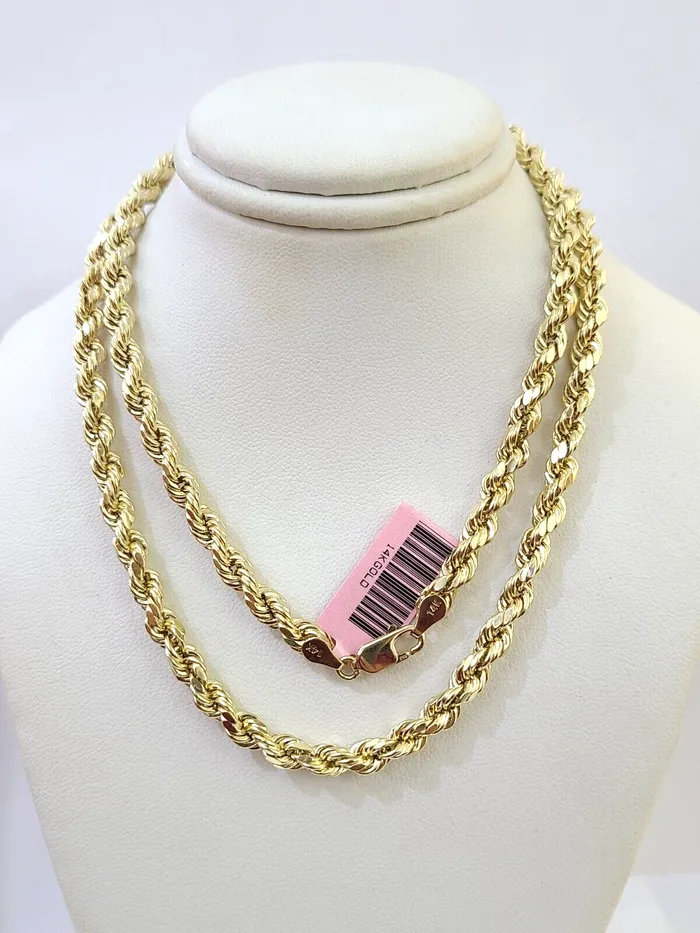 Necklaces Globalwatches10 14K Yellow Gold 4mm Rope Chain 20 inch Diamond cut necklace Real 14KT
