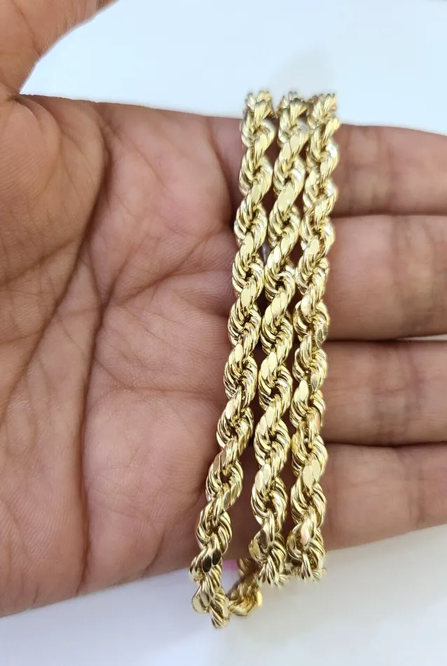 Necklaces Globalwatches10 14K Yellow Gold 4mm Rope Chain 20 inch Diamond cut necklace Real 14KT