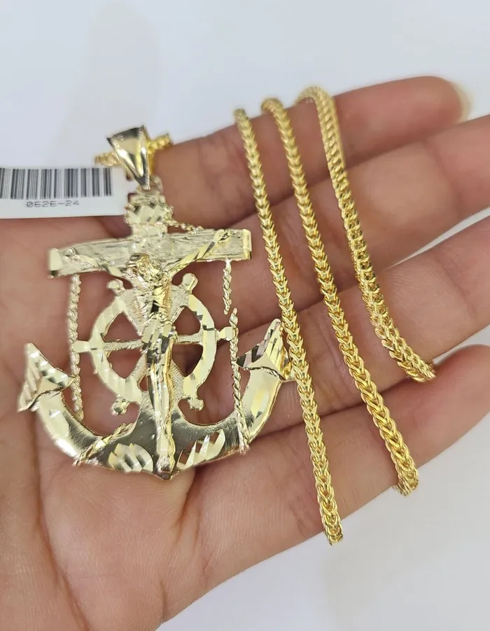 Necklaces Gold and Diamond 10K Franco Chain Jesus Anchor Pendant Charm Necklace 2026 25mm Yellow Gold