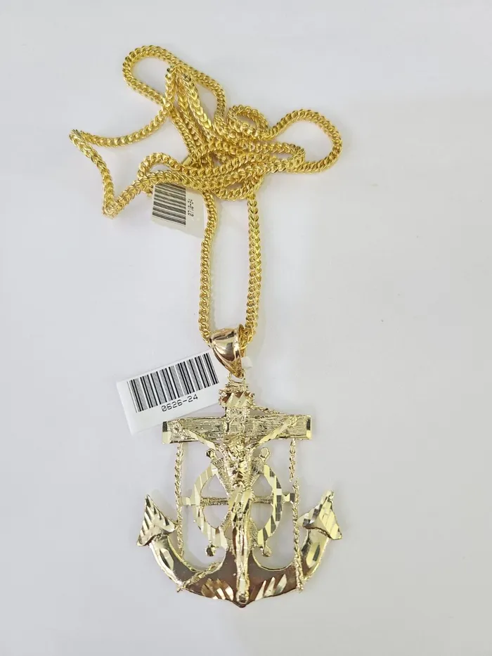 Necklaces Gold and Diamond 10K Franco Chain Jesus Anchor Pendant Charm Necklace 2026 25mm Yellow Gold