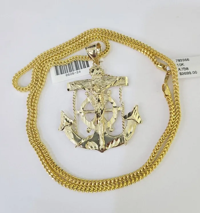 Necklaces Gold and Diamond 10K Franco Chain Jesus Anchor Pendant Charm Necklace 2026 25mm Yellow Gold