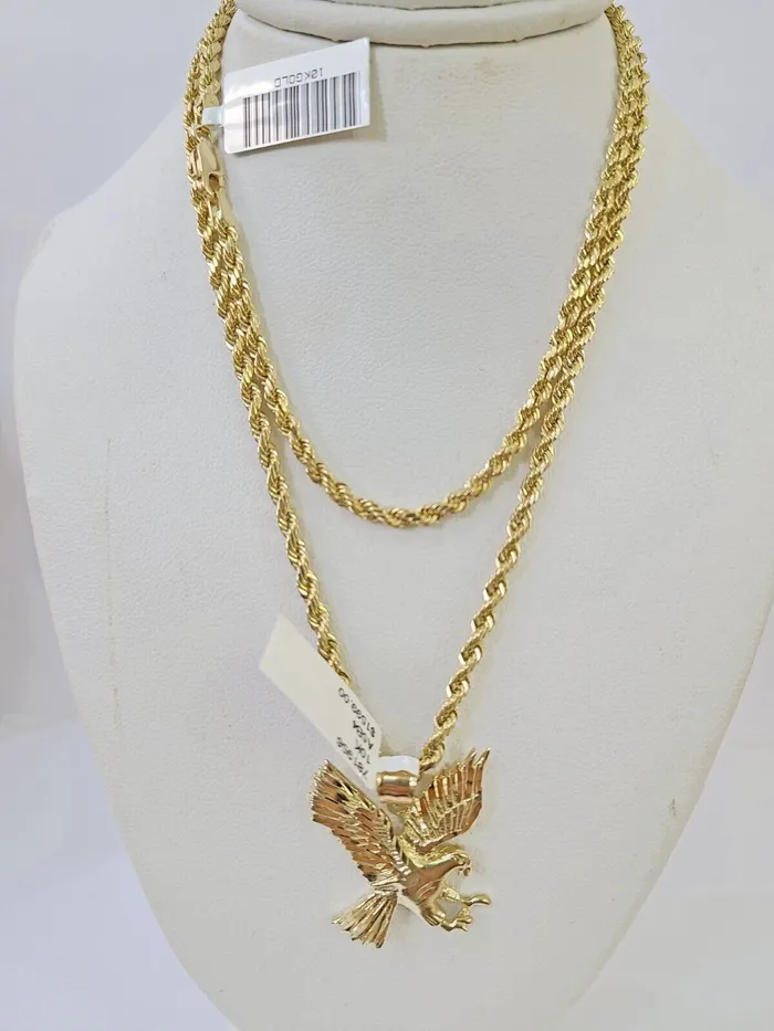 Necklaces Gold and Diamond 10k Gold Flying Eagle Pendant Rope Chain 3mm 20 Necklace Set Real Genuine Necklaces Gold and Diamond 10k Gold Flying Eagle Pendant Rope Chain 3mm 20 Necklace Set Real Genuine