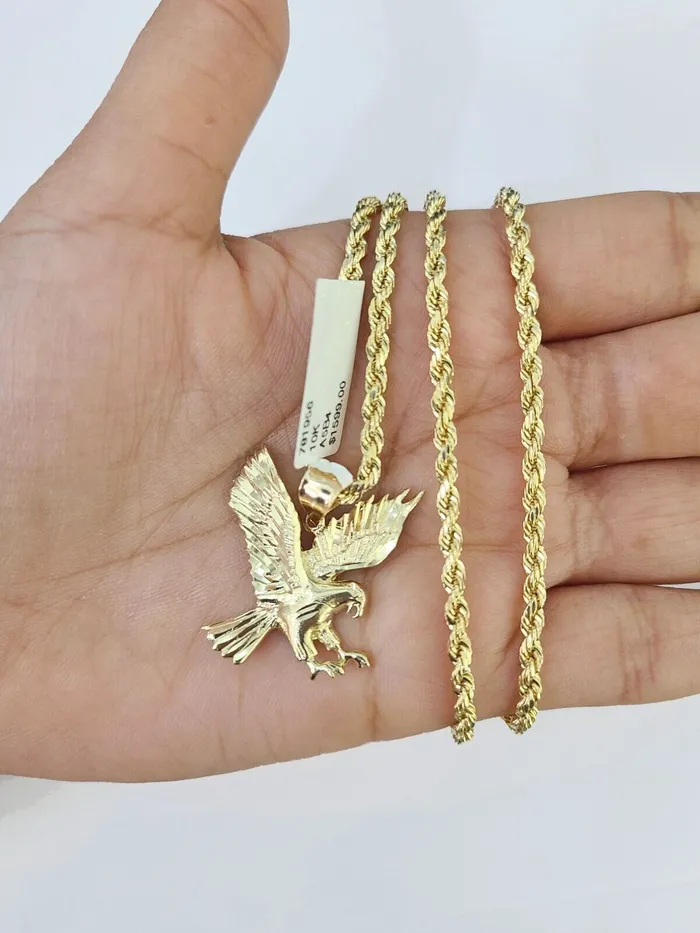 Necklaces Gold and Diamond 10k Gold Flying Eagle Pendant Rope Chain 3mm 20 Necklace Set Real Genuine