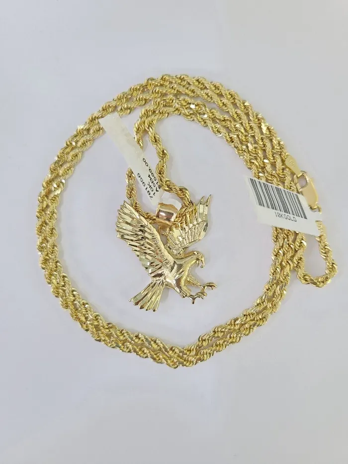 Necklaces Gold and Diamond 10k Gold Flying Eagle Pendant Rope Chain 3mm 20 Necklace Set Real Genuine