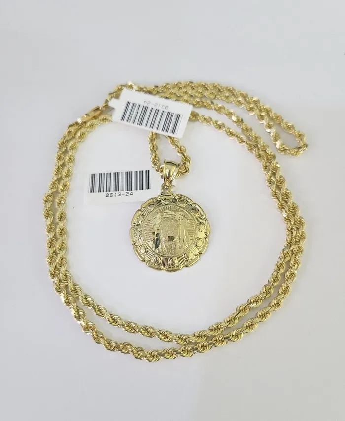Necklaces Gold and Diamond 10k Solid Rope Chain 3mm Jesus Head Pendant Charm Necklace SET 1828 in