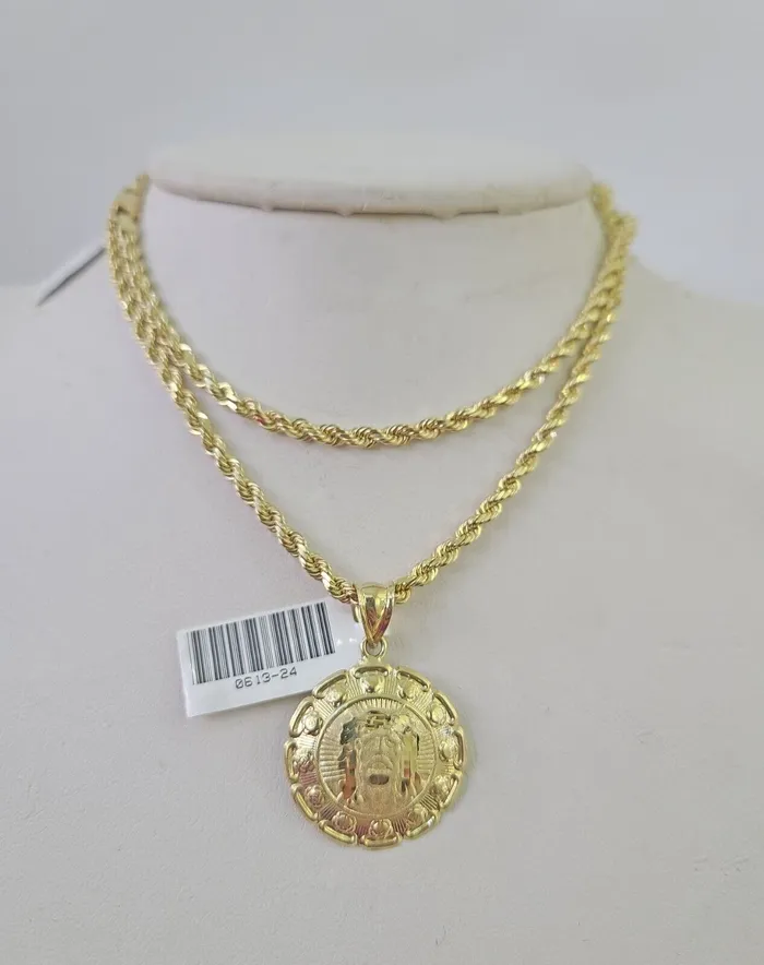 Necklaces Gold and Diamond 10k Solid Rope Chain 3mm Jesus Head Pendant Charm Necklace SET 1828 in