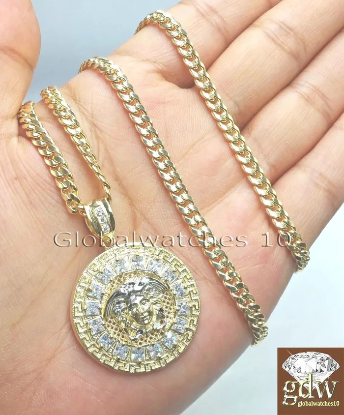 Necklaces Gold and Diamond Real 10k Yellow Gold Head Charm Miami Cuban 18 Chain Necklace