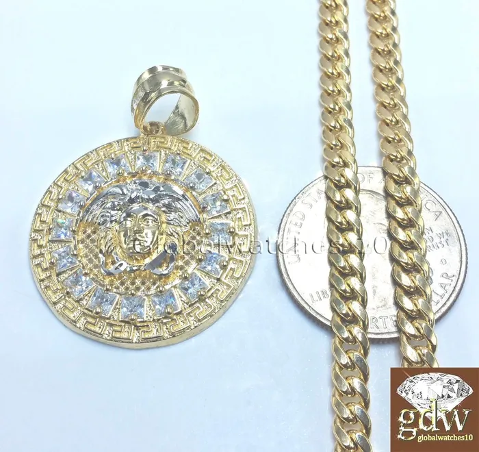 Necklaces Gold and Diamond Real 10k Yellow Gold Head Charm Miami Cuban 18 Chain Necklace