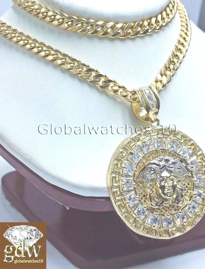 Necklaces Gold and Diamond Real 10k Yellow Gold Head Charm Miami Cuban 18 Chain Necklace