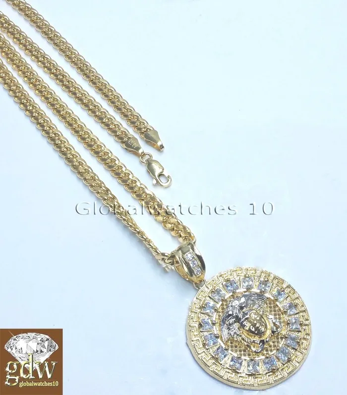 Necklaces Gold and Diamond Real 10k Yellow Gold Head Charm Miami Cuban 18 Chain Necklace
