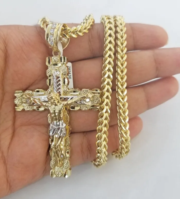 Necklaces Real 10k Gold Nugget Cross Franco Necklace 4mm 24 Chain Charm SET 10kt globalwatches10 Necklaces Real 10k Gold Nugget Cross Franco Necklace 4mm 24 Chain Charm SET 10kt globalwatches10