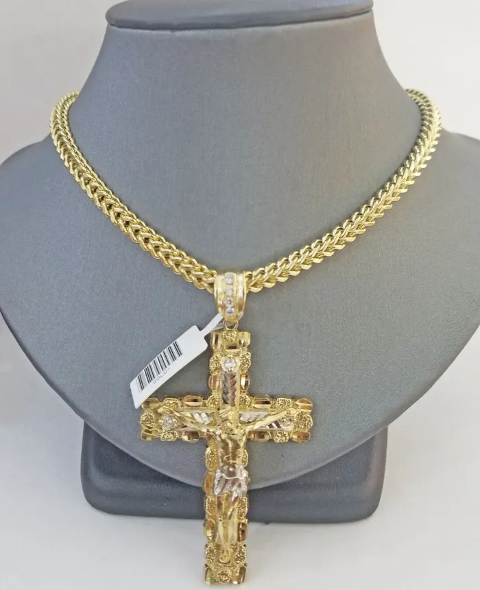 Necklaces Real 10k Gold Nugget Cross Franco Necklace 4mm 24 Chain Charm SET 10kt globalwatches10