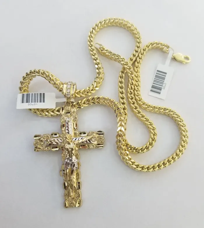 Necklaces Real 10k Gold Nugget Cross Franco Necklace 4mm 24 Chain Charm SET 10kt globalwatches10