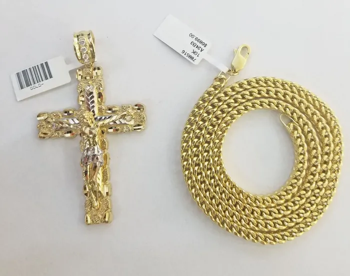 Necklaces Real 10k Gold Nugget Cross Franco Necklace 4mm 24 Chain Charm SET 10kt globalwatches10