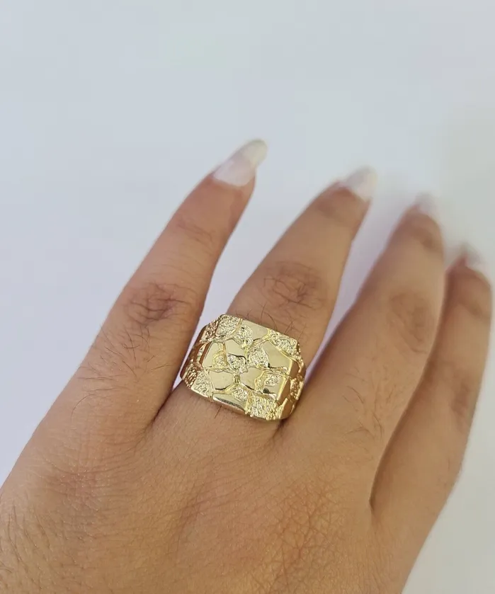 Real 14k Nugget Ring Yellow Gold Men Casual Flat Square 14kt Gold and Diamond Rings
