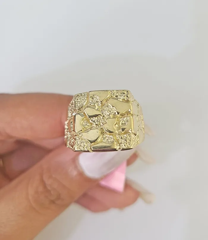 Real 14k Nugget Ring Yellow Gold Men Casual Flat Square 14kt Gold and Diamond Rings