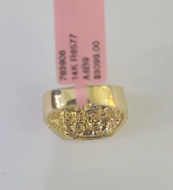 Real 14k Nugget Ring Yellow Gold Men Casual Flat Square 14kt Gold and Diamond Rings