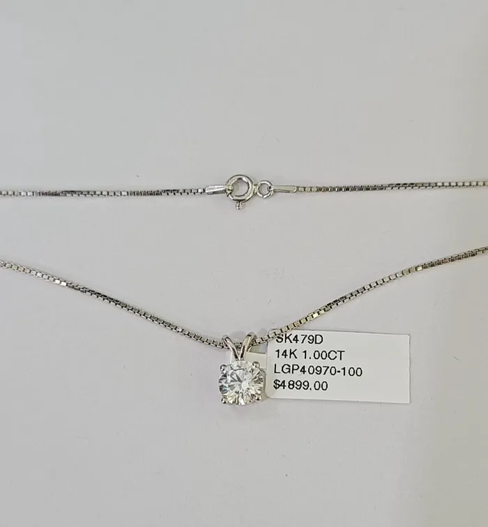 Real 14k White Gold Round Diamond Pendant Box Chain Necklace Set Women Gold and Diamond Necklaces
