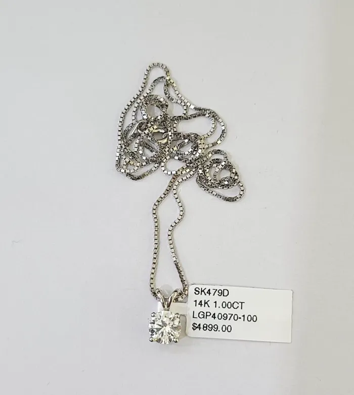 Real 14k White Gold Round Diamond Pendant Box Chain Necklace Set Women Gold and Diamond Necklaces