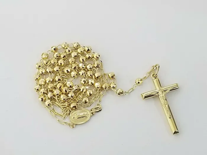 Real 14k Yellow Gold Diamond Cut Jesus Crucifix Rosary Necklace 4mm 29 Gold and Diamond Necklaces Real 14k Yellow Gold Diamond Cut Jesus Crucifix Rosary Necklace 4mm 29 Gold and Diamond Necklaces