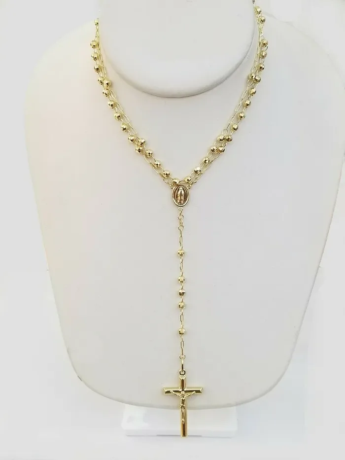 Real 14k Yellow Gold Diamond Cut Jesus Crucifix Rosary Necklace 4mm 29 Gold and Diamond Necklaces
